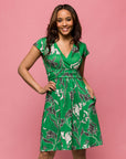 24seven Comfort Apparel Womens Cap Sleeve Green Floral V Neck Knee Length Pocket Dress