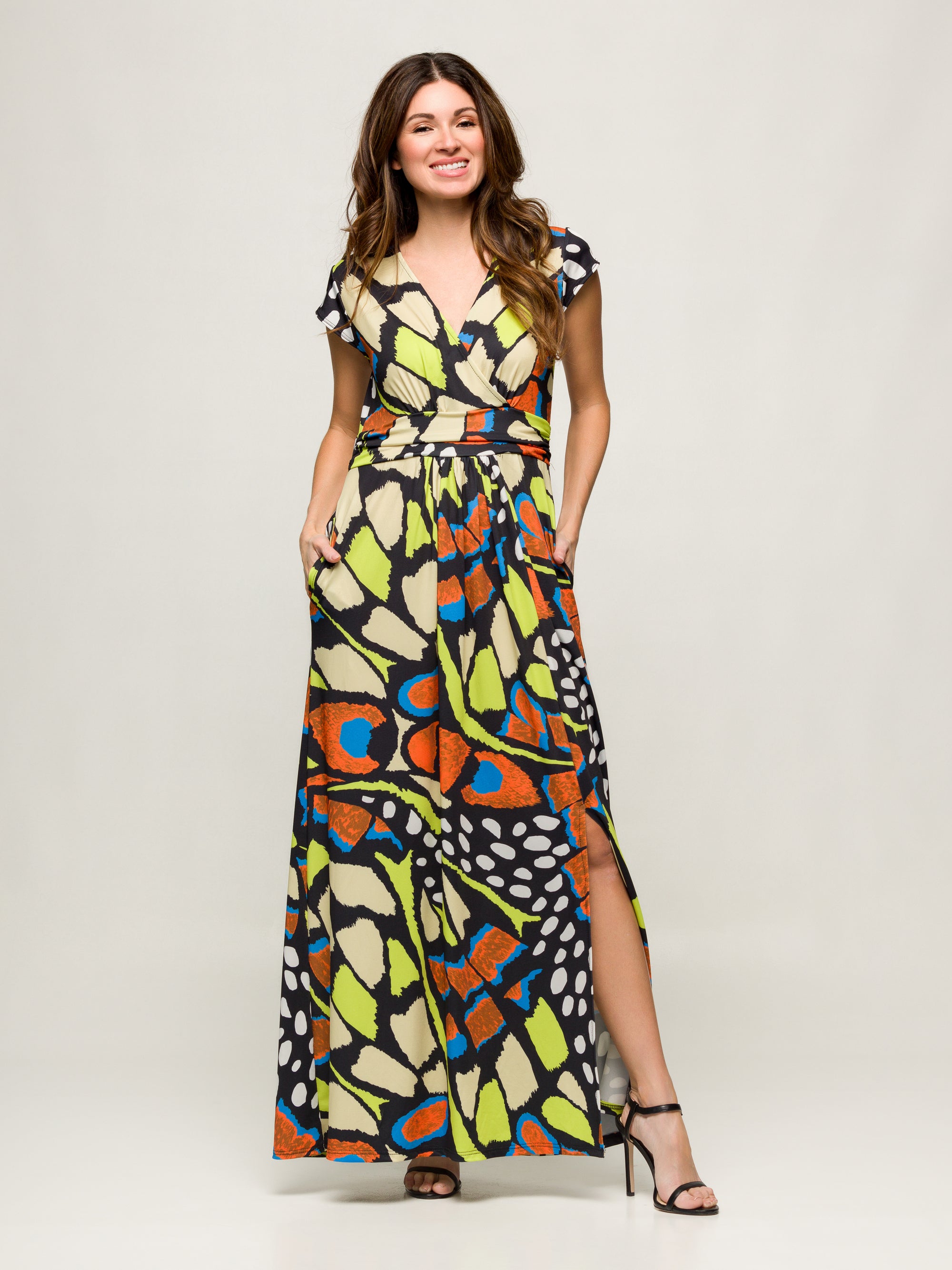 24seven Comfort Apparel Womens Butterfly Print Cap Sleeve V Neck Side Slit Pocket Maxi Dress