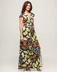 24seven Comfort Apparel Womens Butterfly Print Cap Sleeve V Neck Side Slit Pocket Maxi Dress