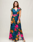 24seven Comfort Apparel Womens Floral Print Cap Sleeve V Neck Side Slit Pocket Maxi Dress