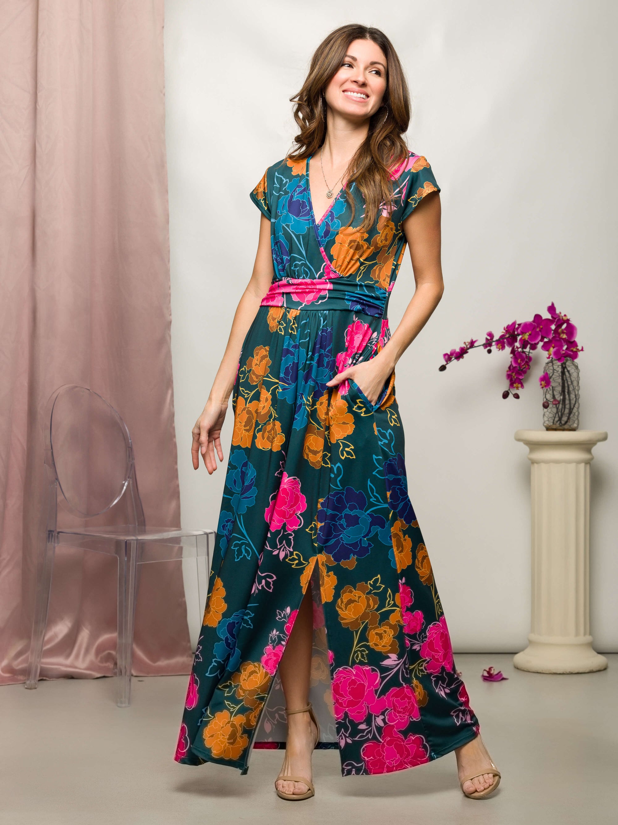 24seven Comfort Apparel Womens Floral Print Cap Sleeve V Neck Side Slit Pocket Maxi Dress
