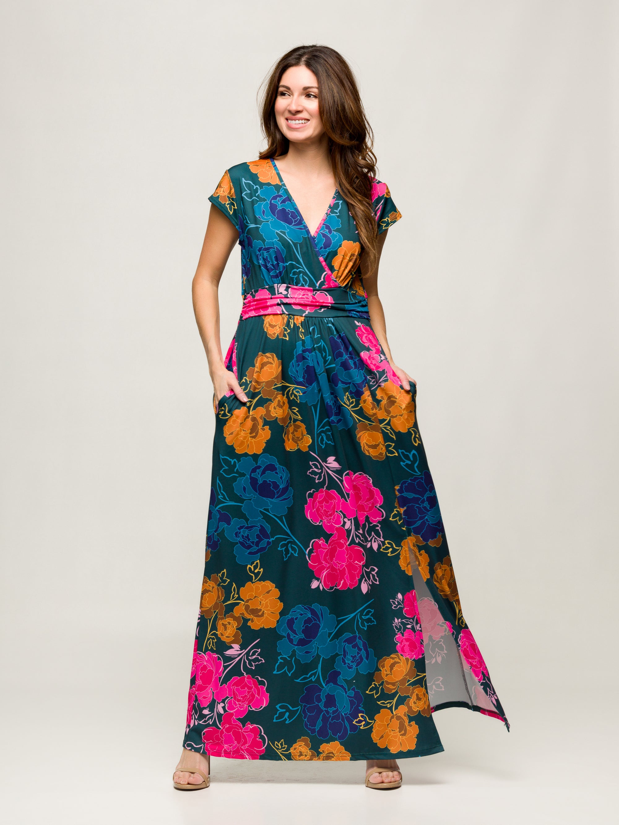 24seven Comfort Apparel Womens Floral Print Cap Sleeve V Neck Side Slit Pocket Maxi Dress