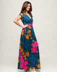 24seven Comfort Apparel Womens Floral Print Cap Sleeve V Neck Side Slit Pocket Maxi Dress