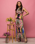24seven Comfort Apparel Womens Geometric Floral Print Sleeveless Side Slit Maxi Dress