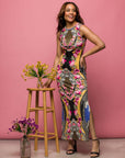 24seven Comfort Apparel Womens Geometric Floral Print Sleeveless Side Slit Maxi Dress