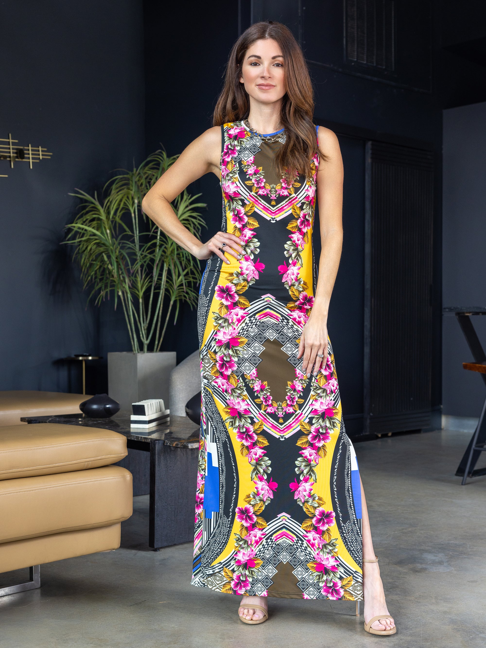 24seven Comfort Apparel Womens Geometric Floral Print Sleeveless Side Slit Maxi Dress
