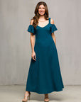 24seven Comfort Apparel Womens Cold Sholder Ruffle Sleeve A Line Maxi Dress