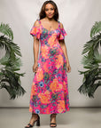 24seven Comfort Apparel Womens Pink Paisley Cold Sholder Ruffle Sleeve A Line Maxi Dress