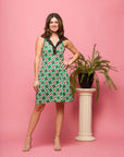 24seven Comfort Apparel Brown and Green Sleeveless Collared Mini Dress