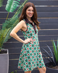 24seven Comfort Apparel Brown and Green Sleeveless Collared Mini Dress