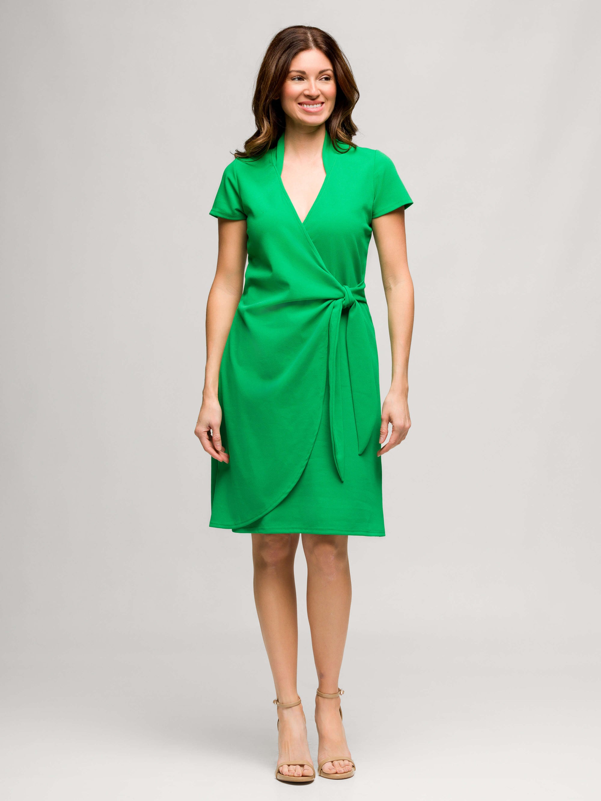 24seven Comfort Apparel Womens Mandarin Collar Knee Length Wrap Dress