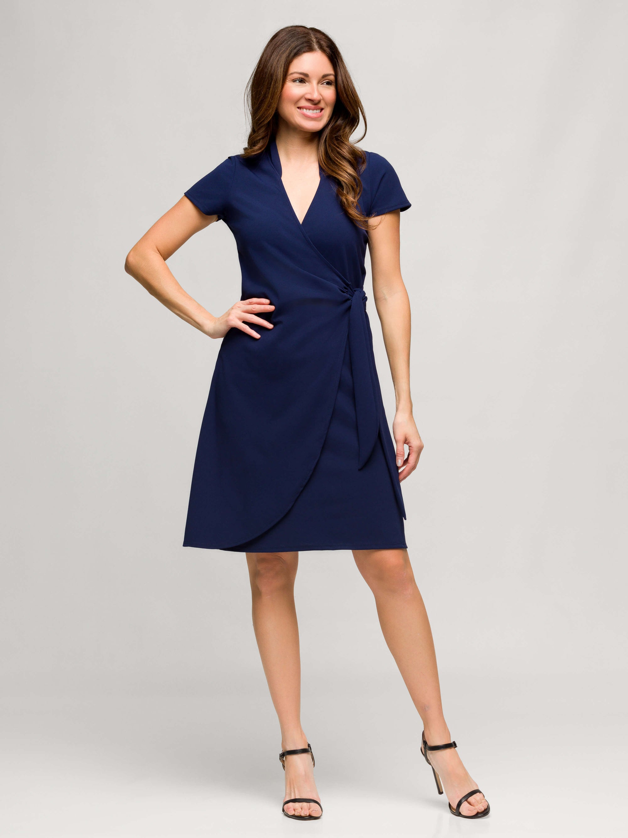 24seven Comfort Apparel Womens Mandarin Collar Knee Length Wrap Dress