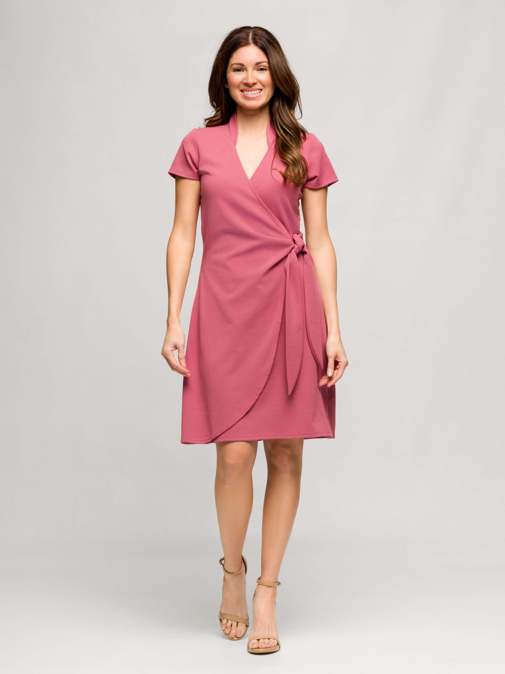 24seven Comfort Apparel Womens Mandarin Collar Knee Length Wrap Dress
