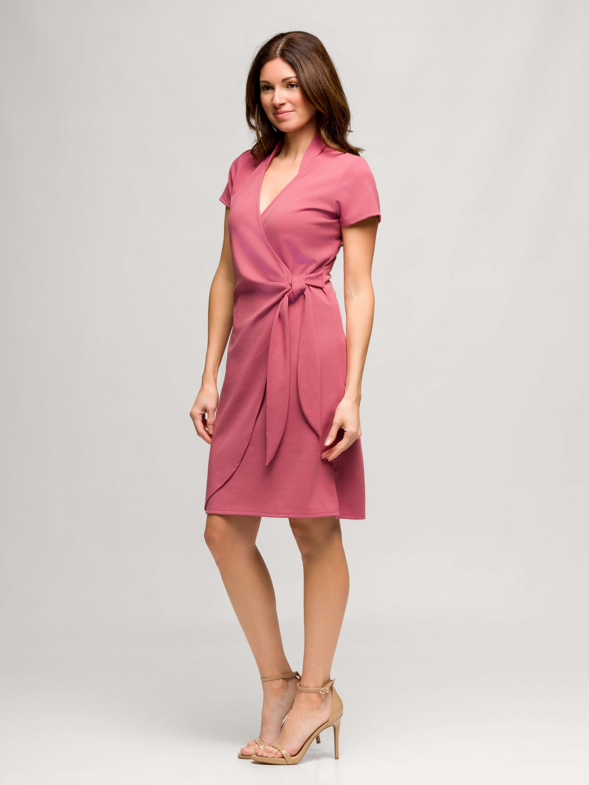 24seven Comfort Apparel Womens Mandarin Collar Knee Length Wrap Dress