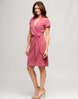 24seven Comfort Apparel Womens Mandarin Collar Knee Length Wrap Dress