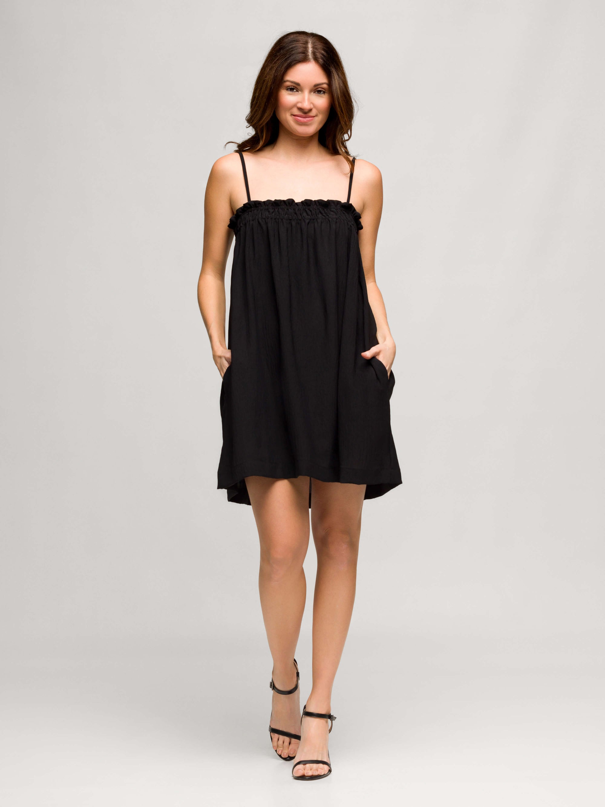 24seven Comfort Apparel Square Neck Spaghetti Strap Smocked Pocket Mini Dress