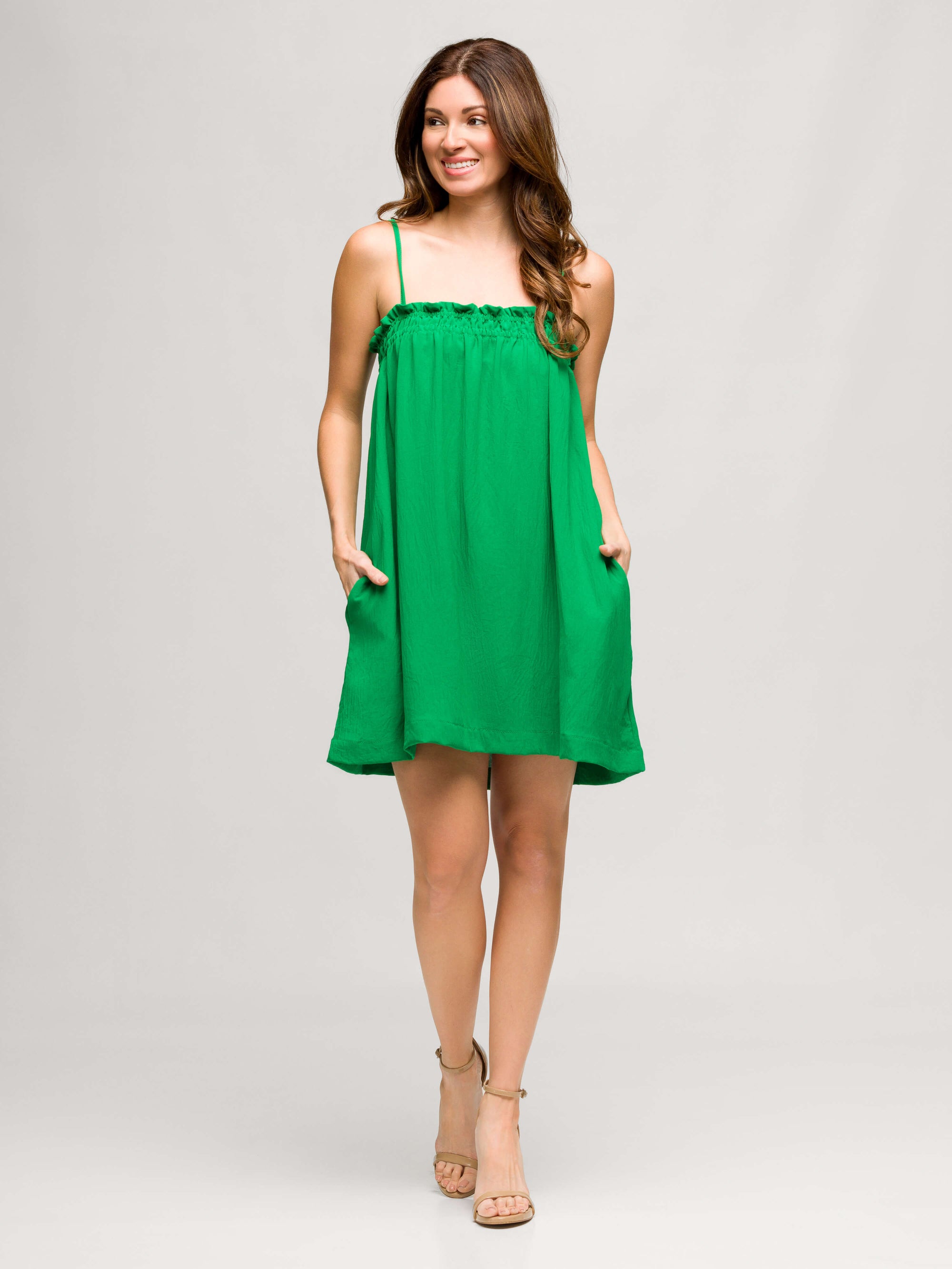 24seven Comfort Apparel Square Neck Spaghetti Strap Smocked Pocket Mini Dress