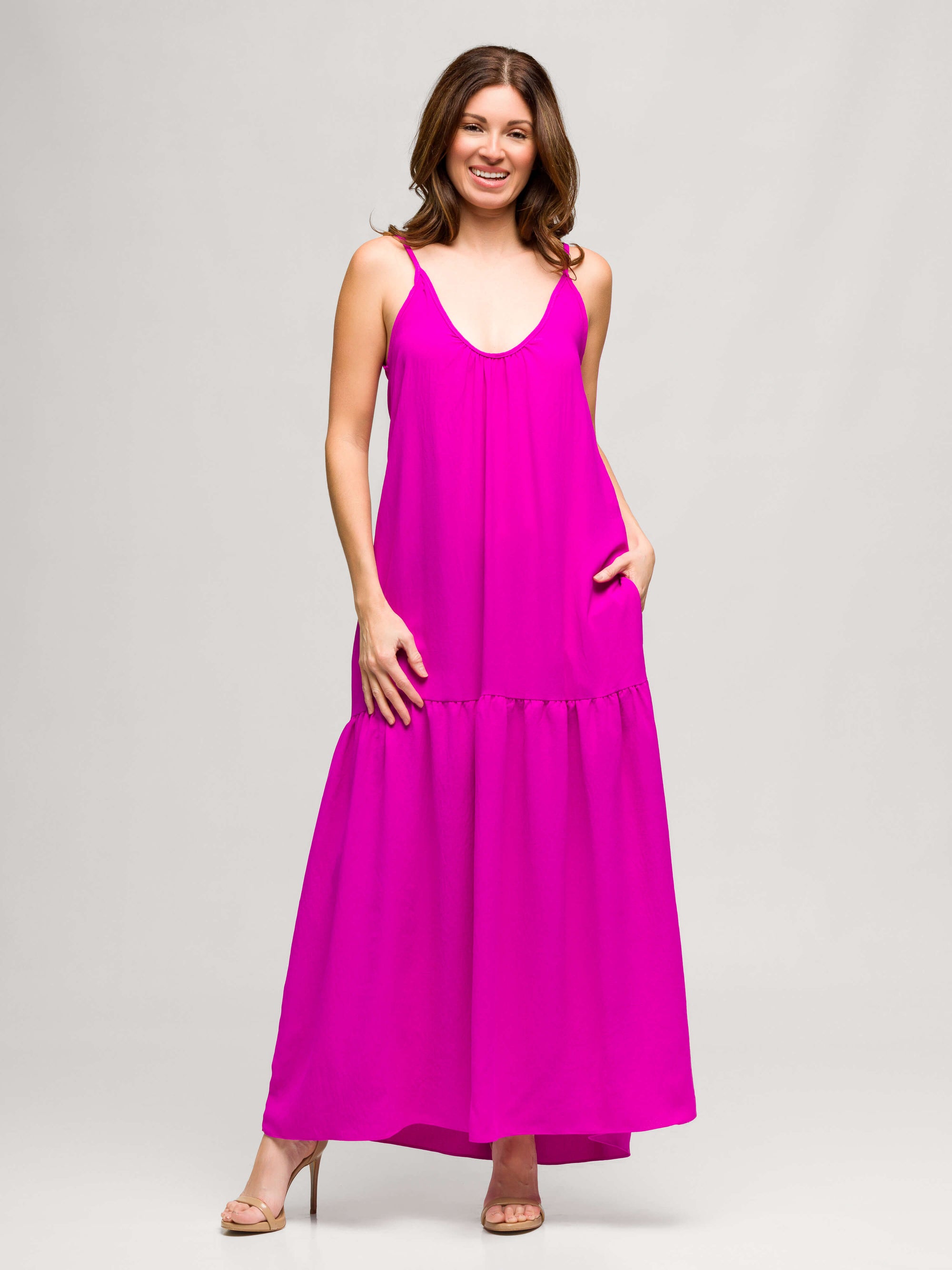 24seven Comfort Apparel Womens Lightweight Spaghetti Strap Pocket Maxi Dress