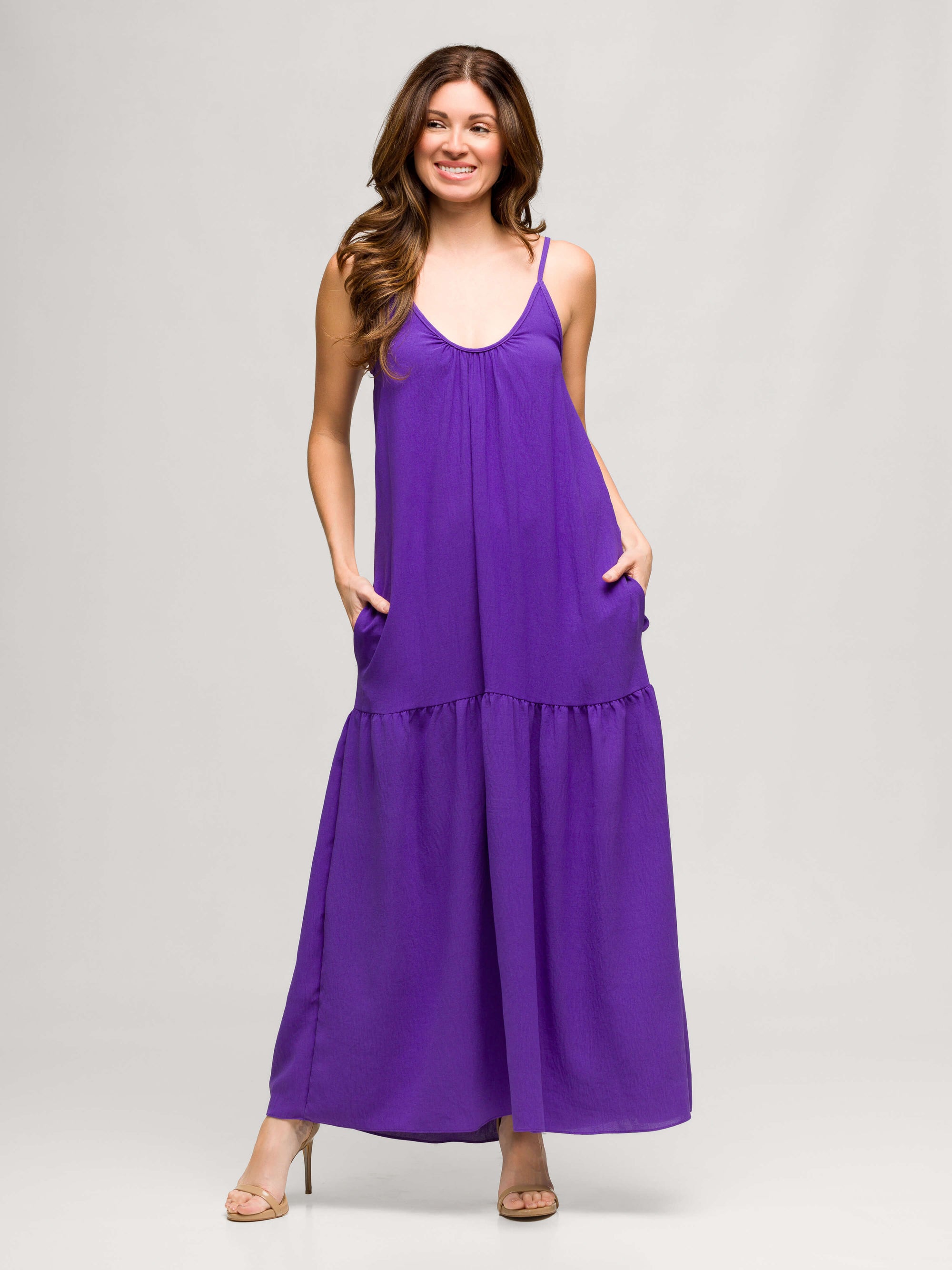 24seven Comfort Apparel Womens Lightweight Spaghetti Strap Pocket Maxi Dress