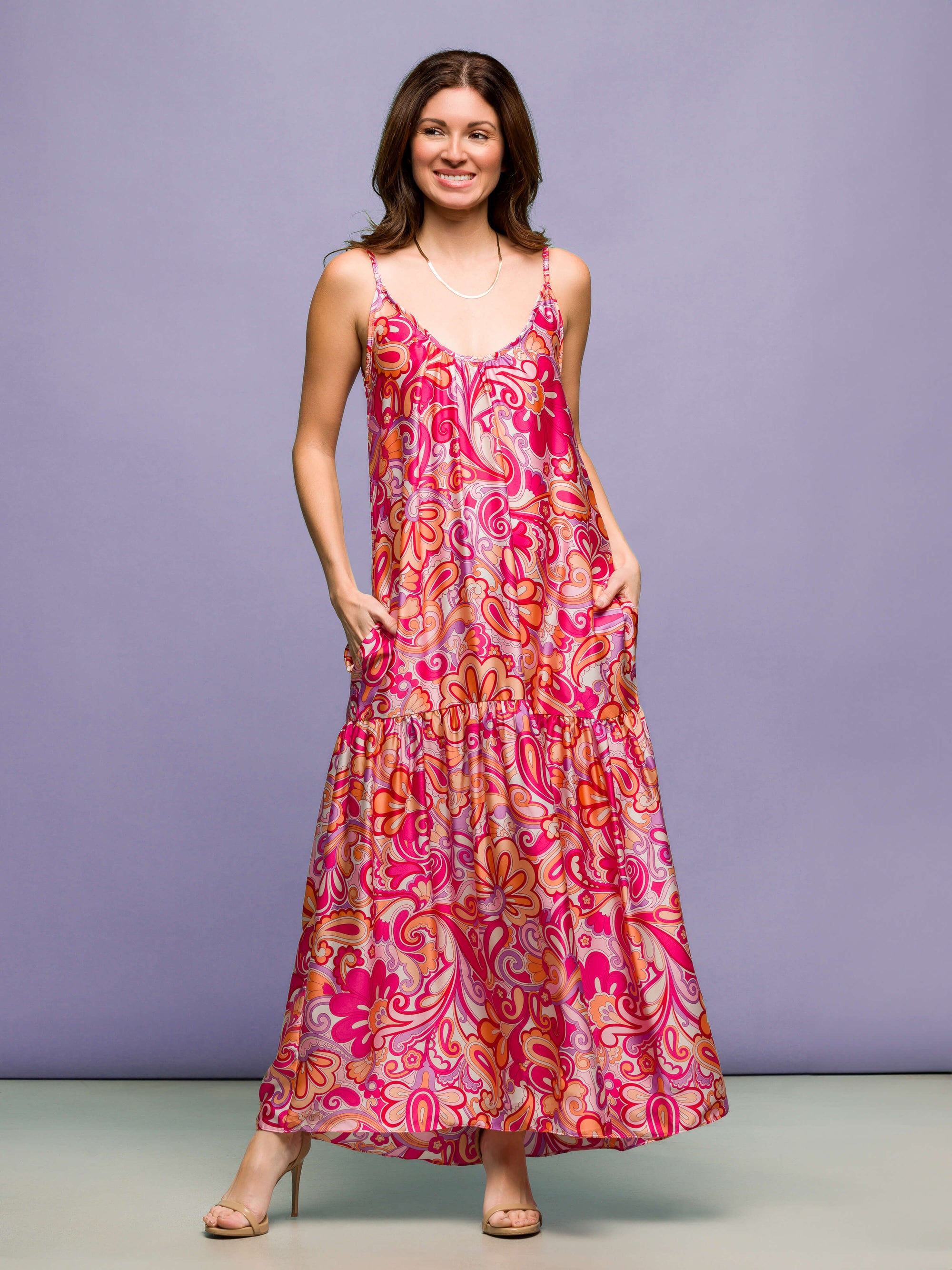 24seven Comfort Apparel Pink Print Lightweight Spaghetti Strap Pocket Maxi Dress
