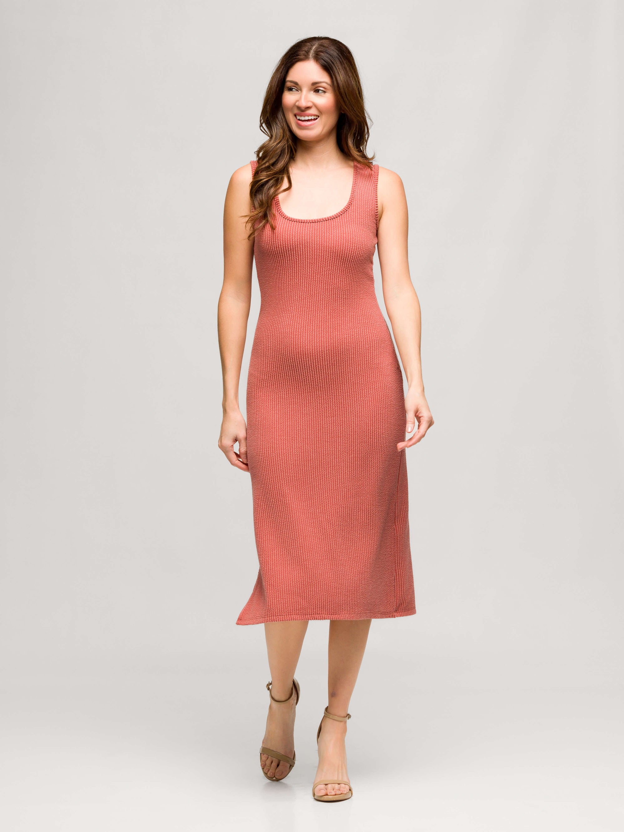 24seven Comfort Apparel Womens Fitted Sleeveless Side Slit Midi Dress