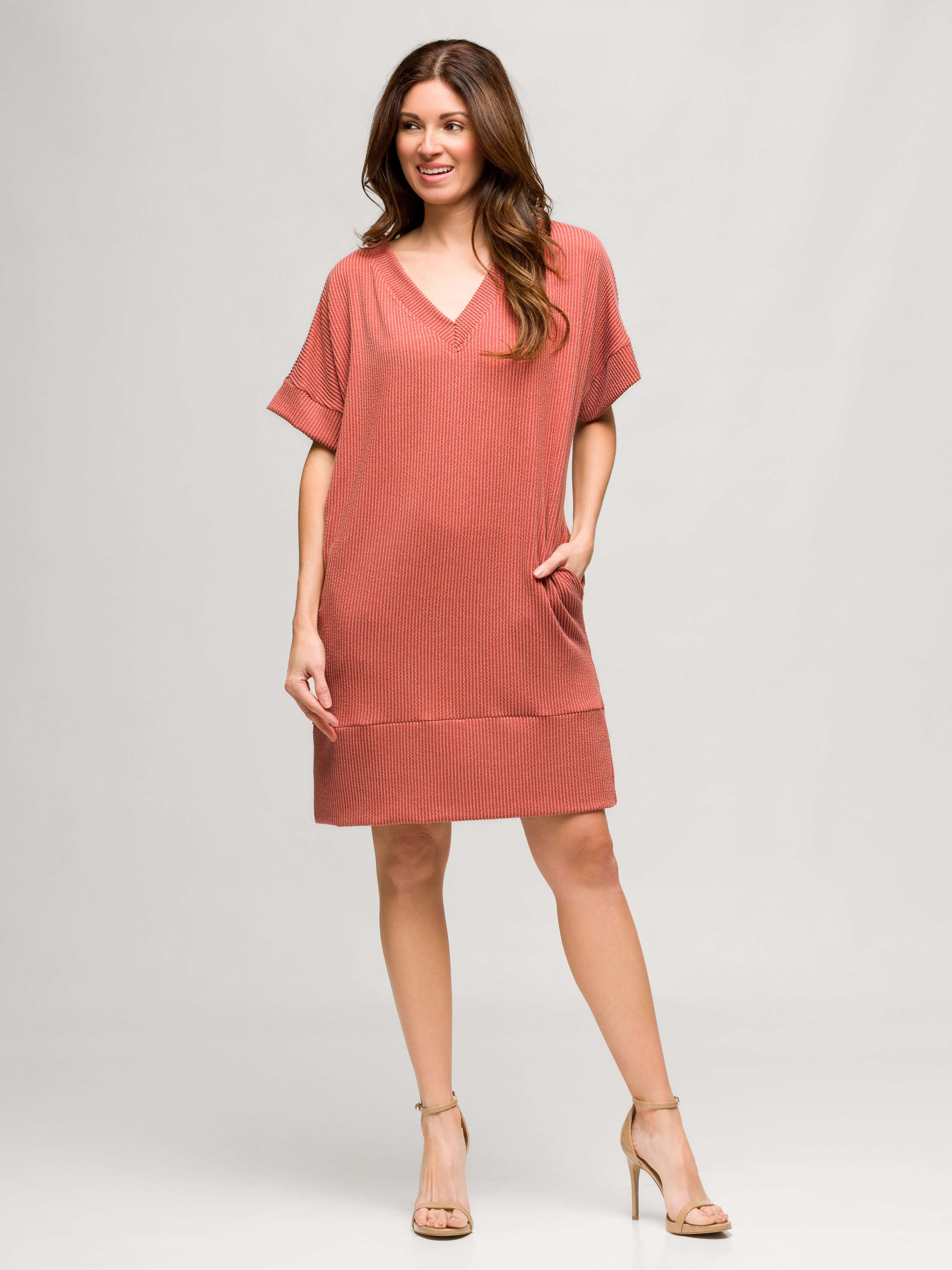 24seven Comfort Apparel Womens V Neck Loose Fit Short Sleeve Pocket T Shirt Dress