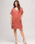 24seven Comfort Apparel Womens V Neck Loose Fit Short Sleeve Pocket T Shirt Dress