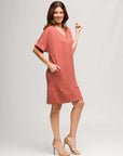 24seven Comfort Apparel Womens V Neck Loose Fit Short Sleeve Pocket T Shirt Dress