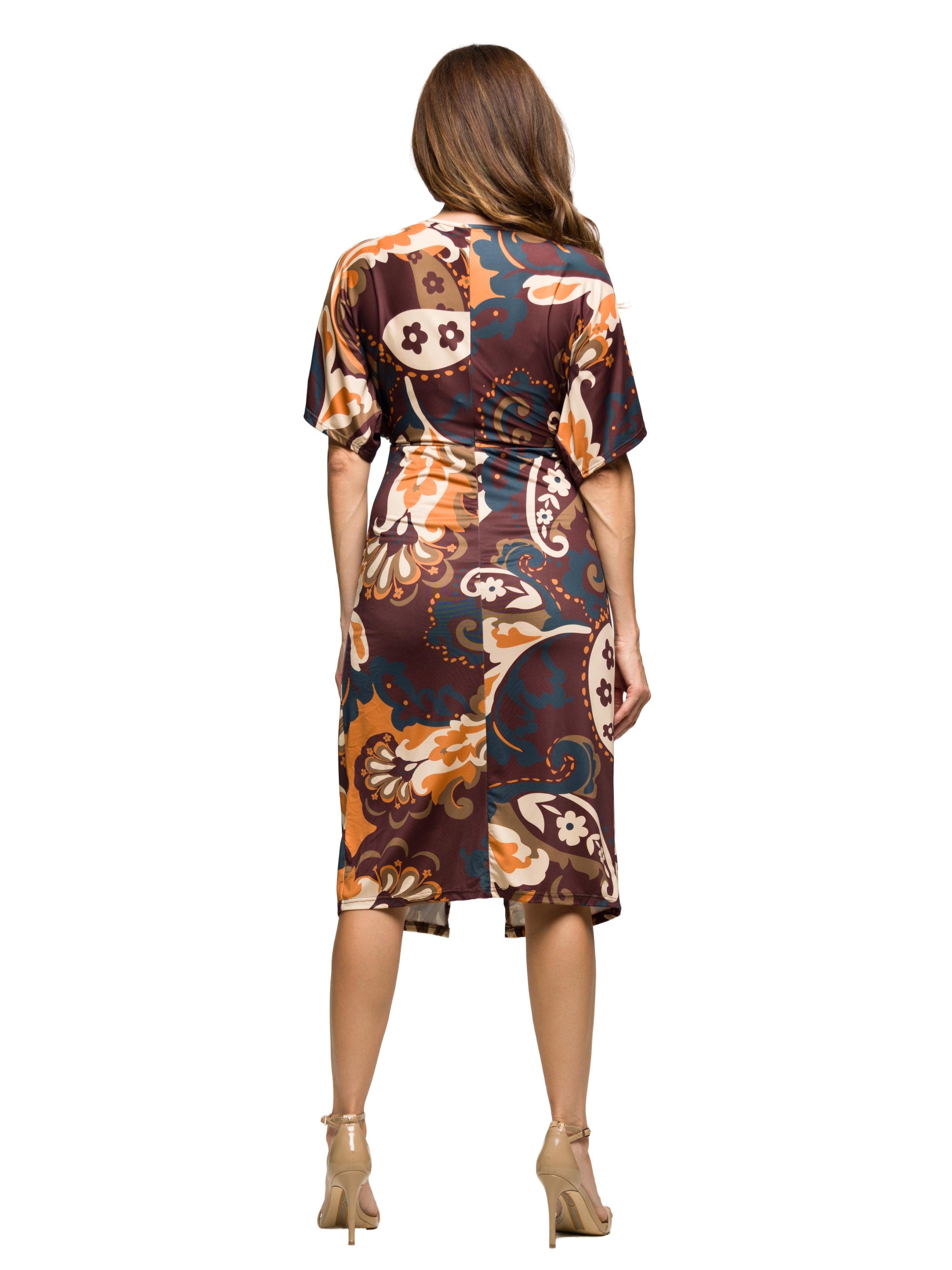 24seven Comfort Apparel Short Sleeve Knot Front Midi Dress in Brown Multi Paisley Print