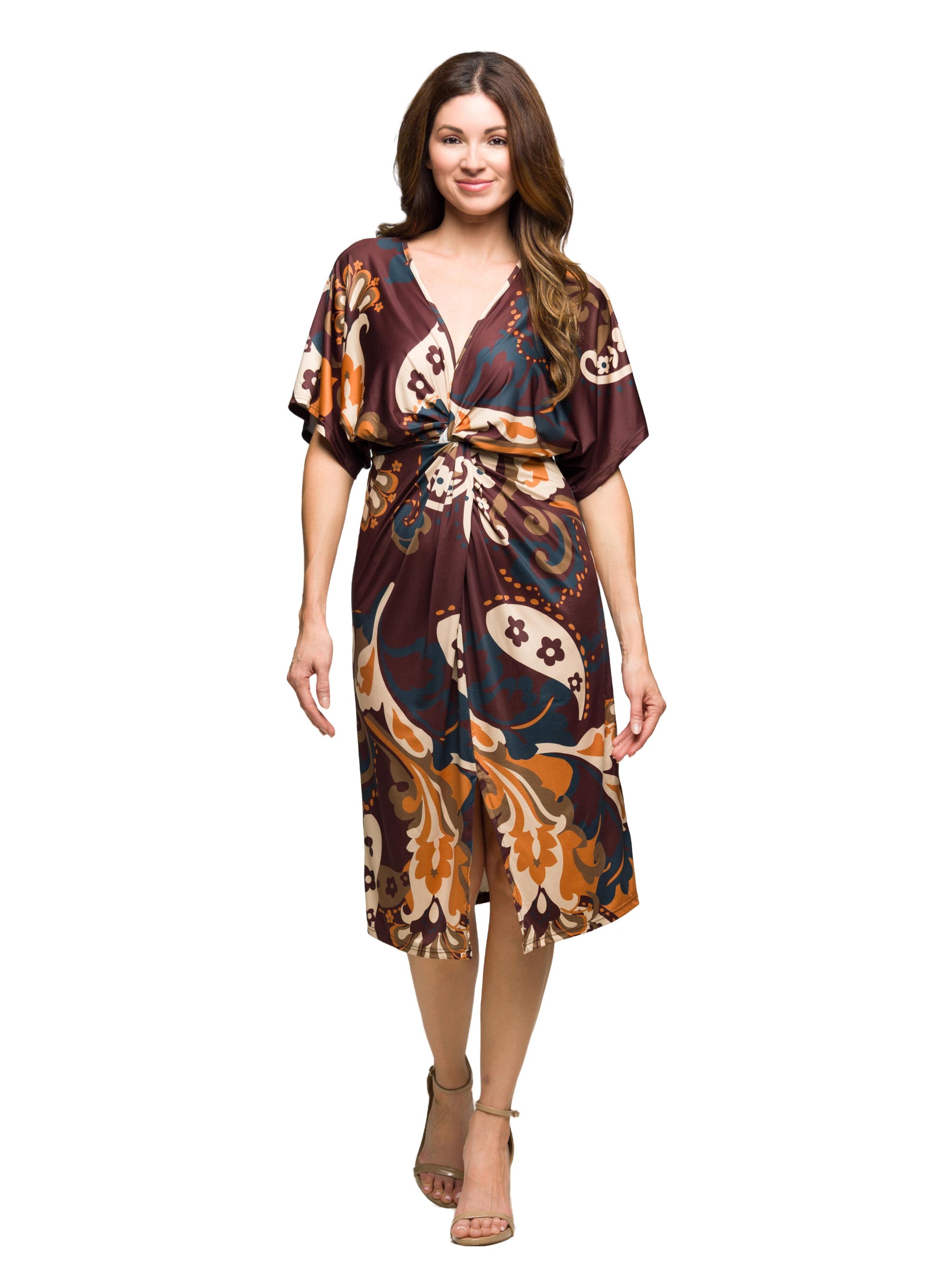 24seven Comfort Apparel Short Sleeve Knot Front Midi Dress in Brown Multi Paisley Print
