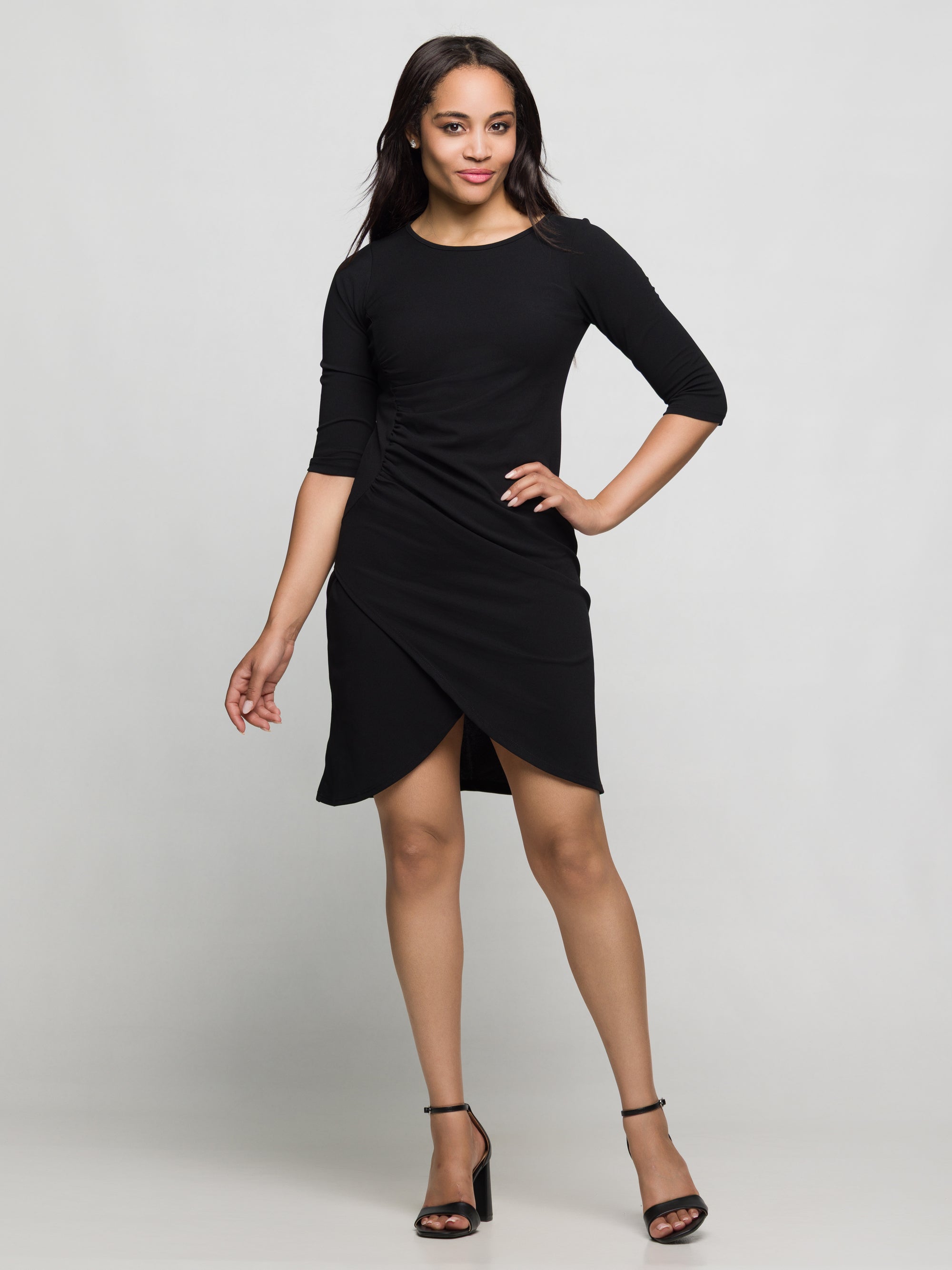 24seven Comfort Apparel Three Quarter Sleeve Ruched Tulip Hem Mini Dress