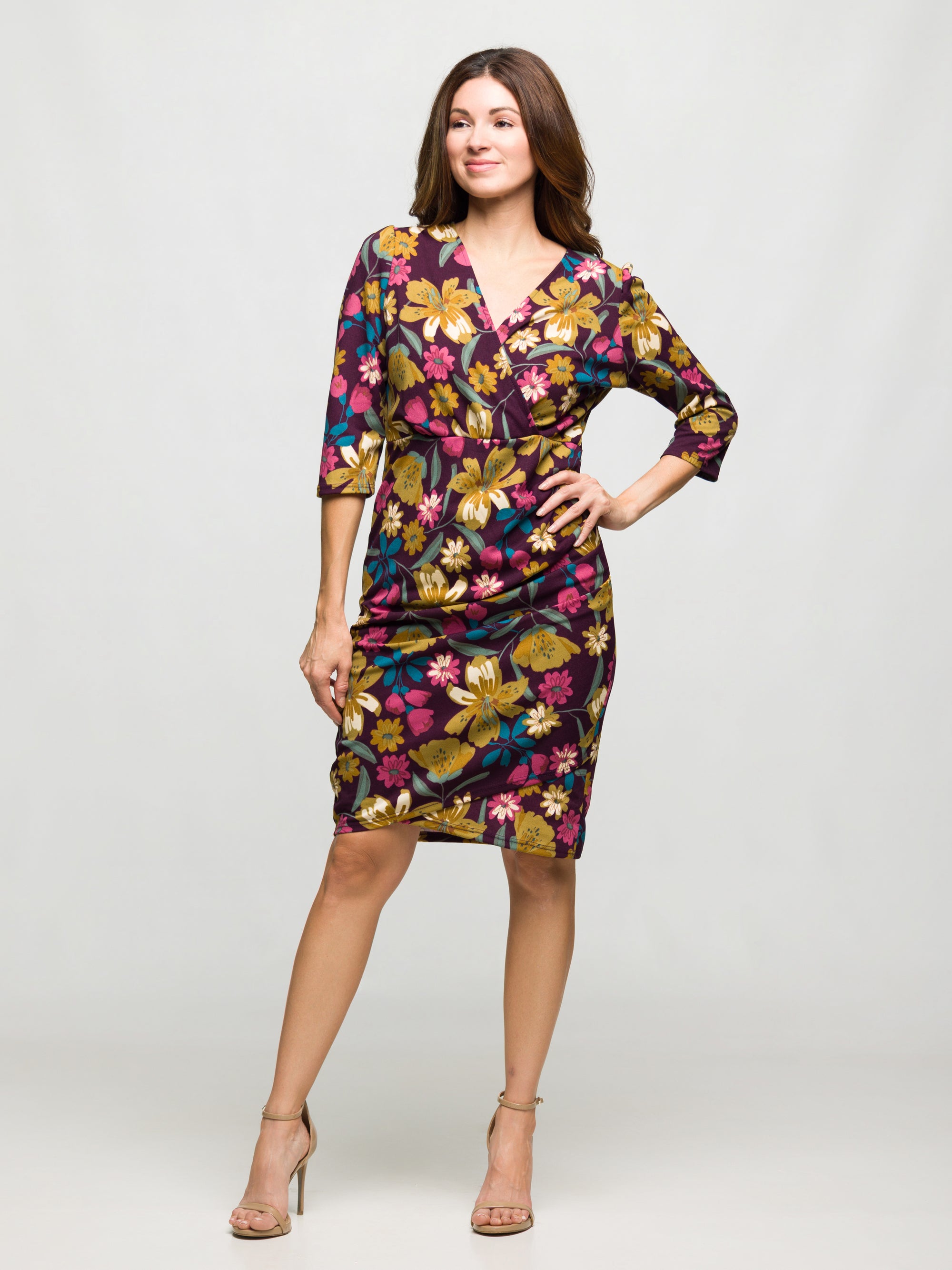 24seven Comfort Apparel Floral Print Faux Wrap Dress