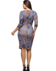 Grey Print Three Quarter Sleeve Faux Wrap Dress