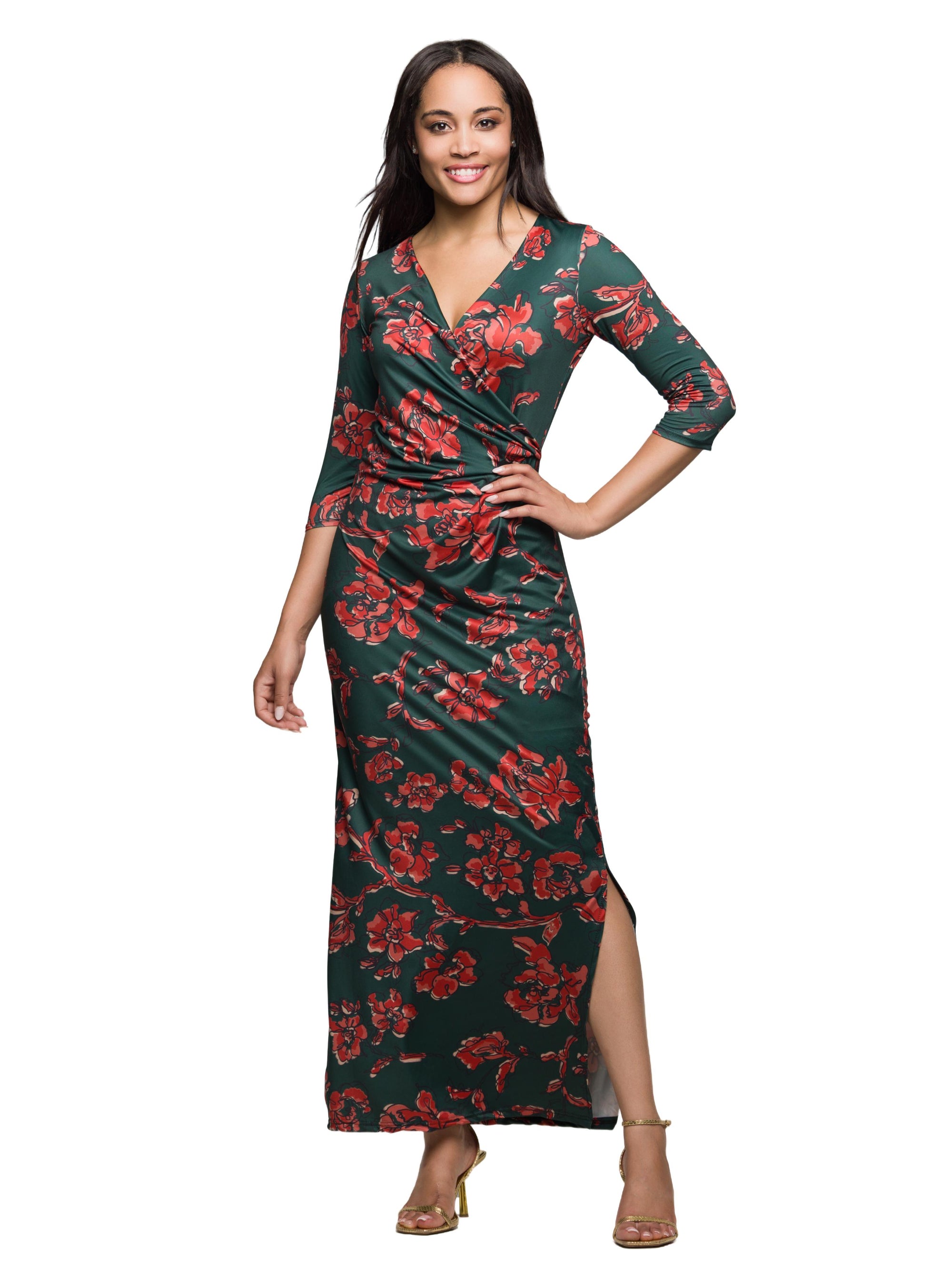 24seven Comfort Apparel Green Floral Print Three Quarter Sleeve Side Slit Maxi Dress