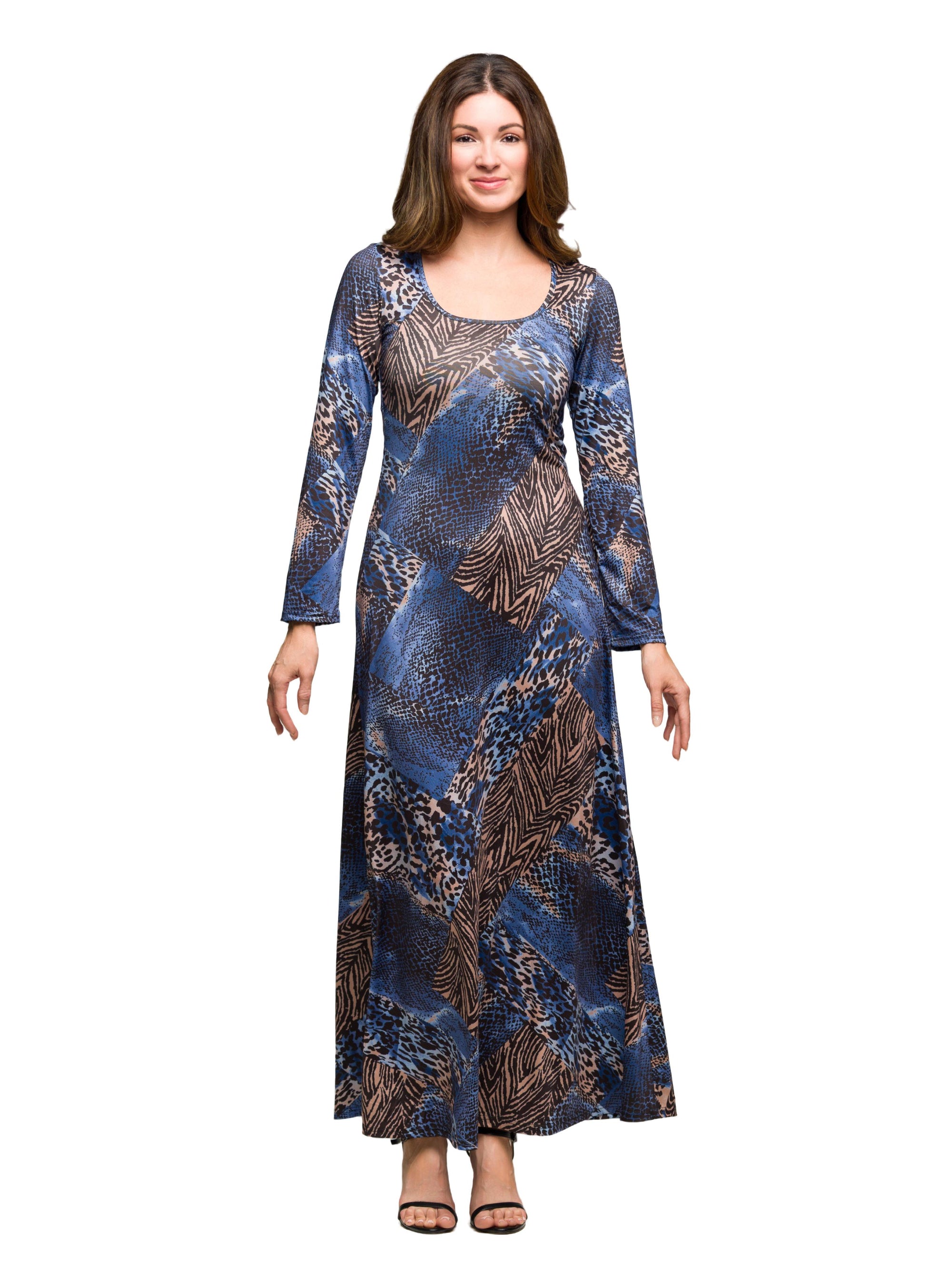 24seven Comfort Apparel Blue Animal Print Long Sleeve Scoop Neck Maxi Dress