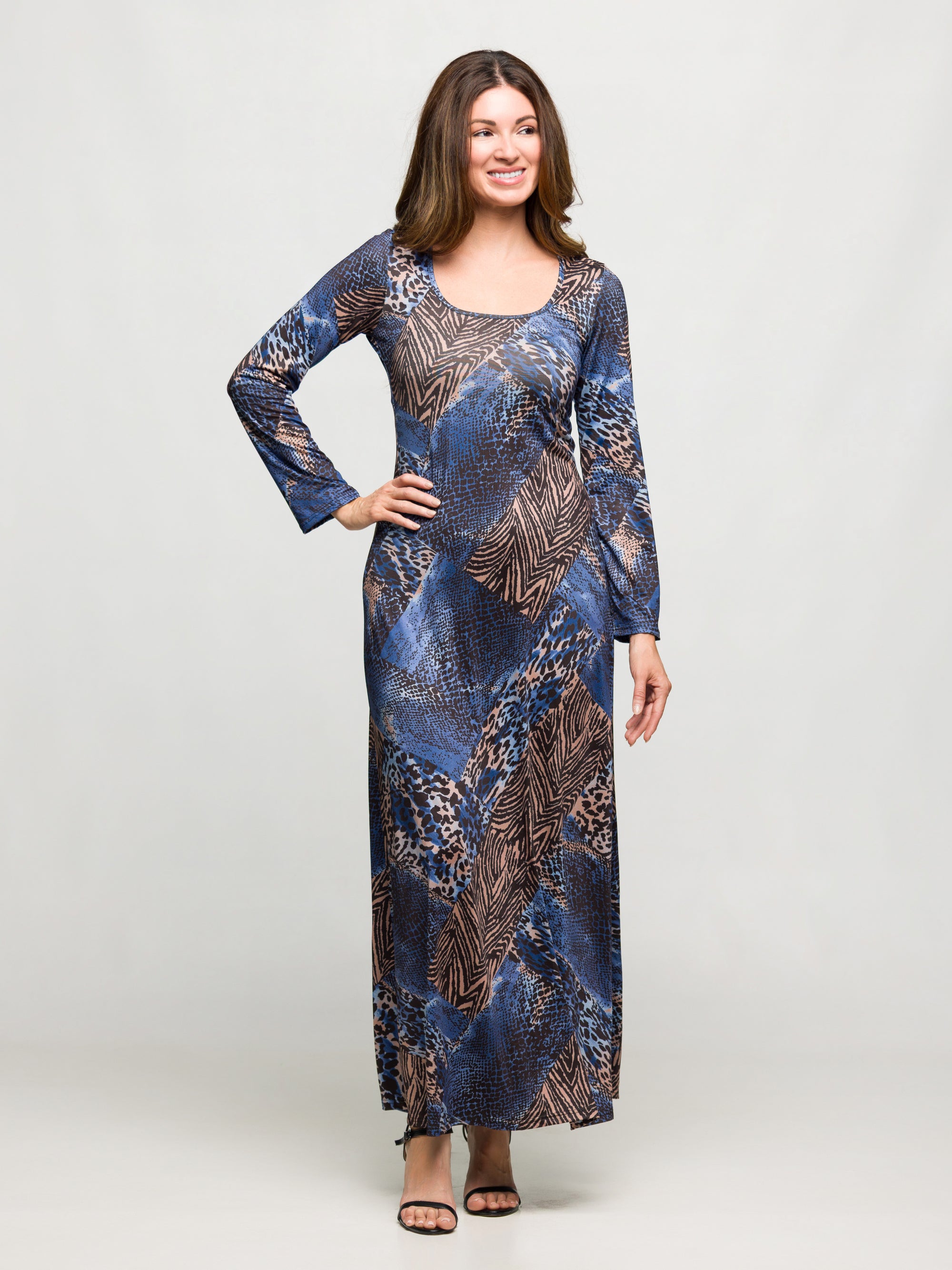 24seven Comfort Apparel Blue Animal Print Long Sleeve Scoop Neck Maxi Dress