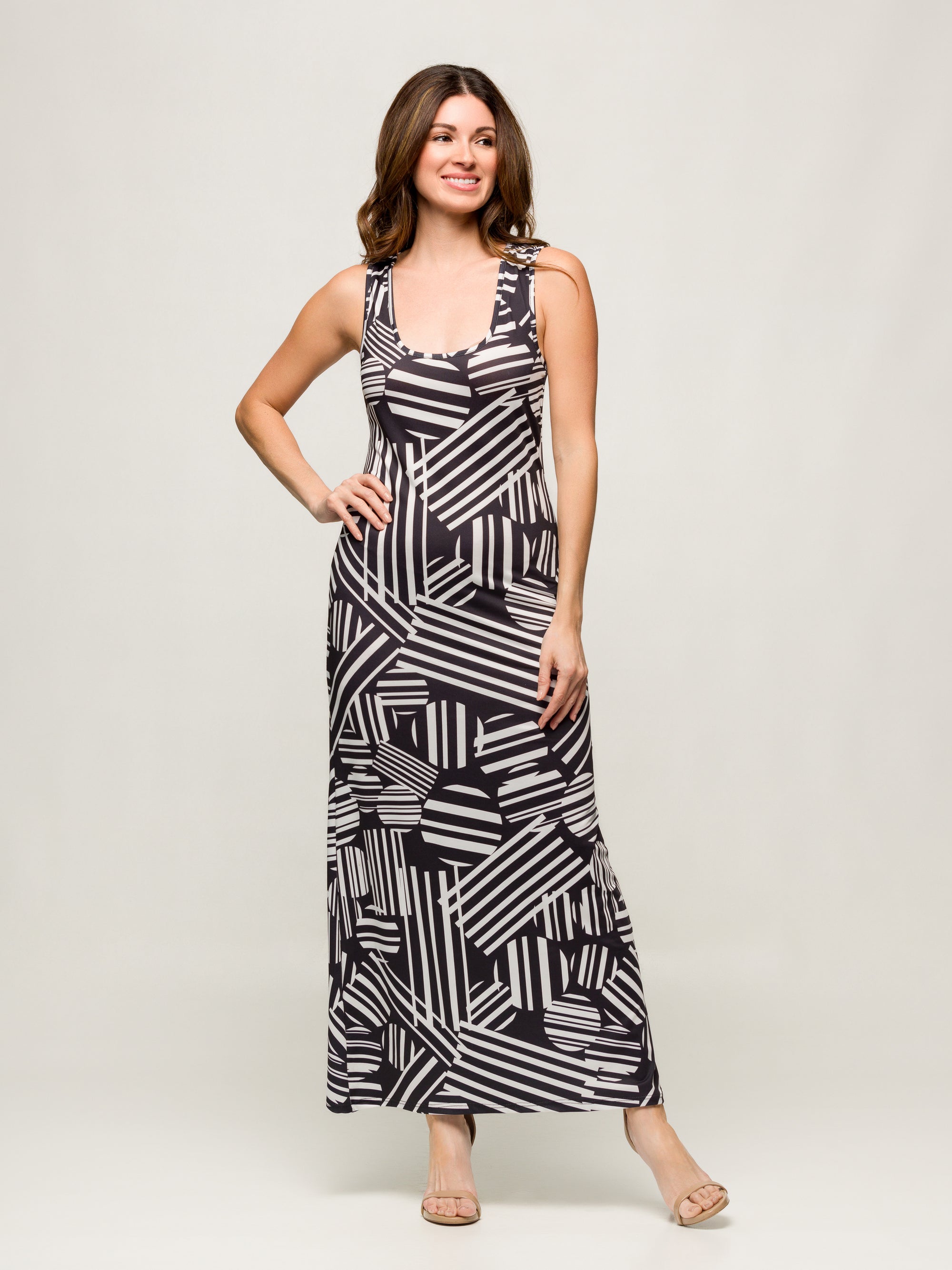 24seven Comfort Apparel Black and White Womens Razorback Tank Casual Maxi Dress