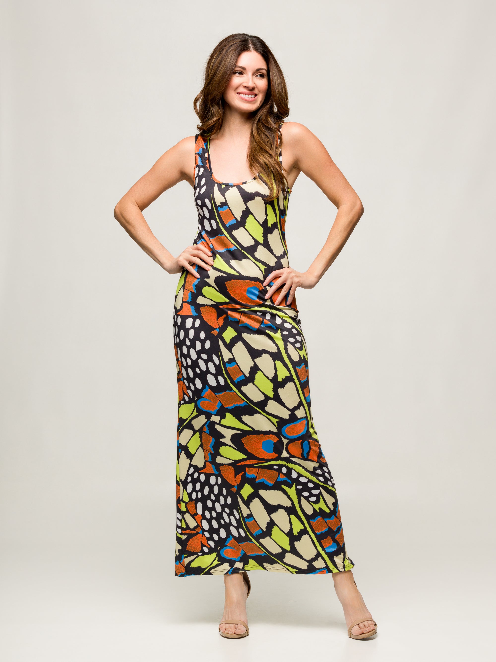 24seven Comfort Apparel Bright Butterfly Print Womens Razorback Tank Casual Maxi Dress