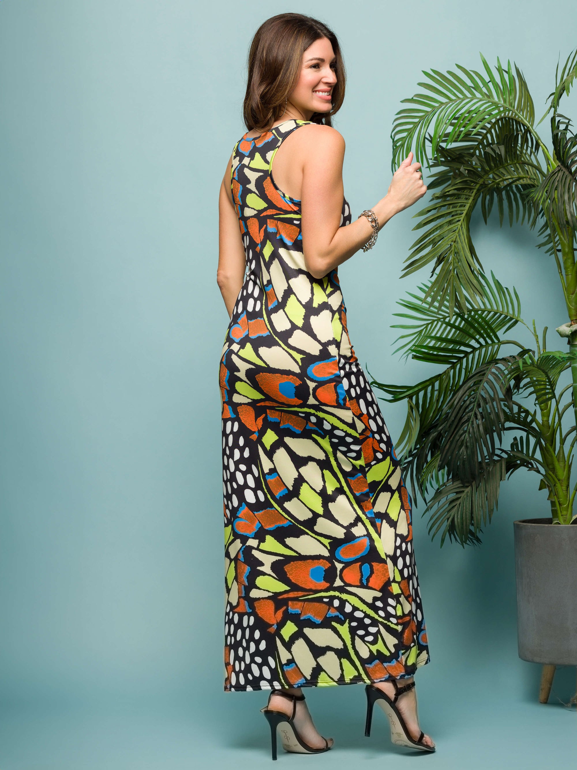 24seven Comfort Apparel Bright Butterfly Print Womens Razorback Tank Casual Maxi Dress
