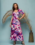 24seven Comfort Apparel Womens Purple Floral Print Elbow Sleeve Casual A Line Maxi Dress