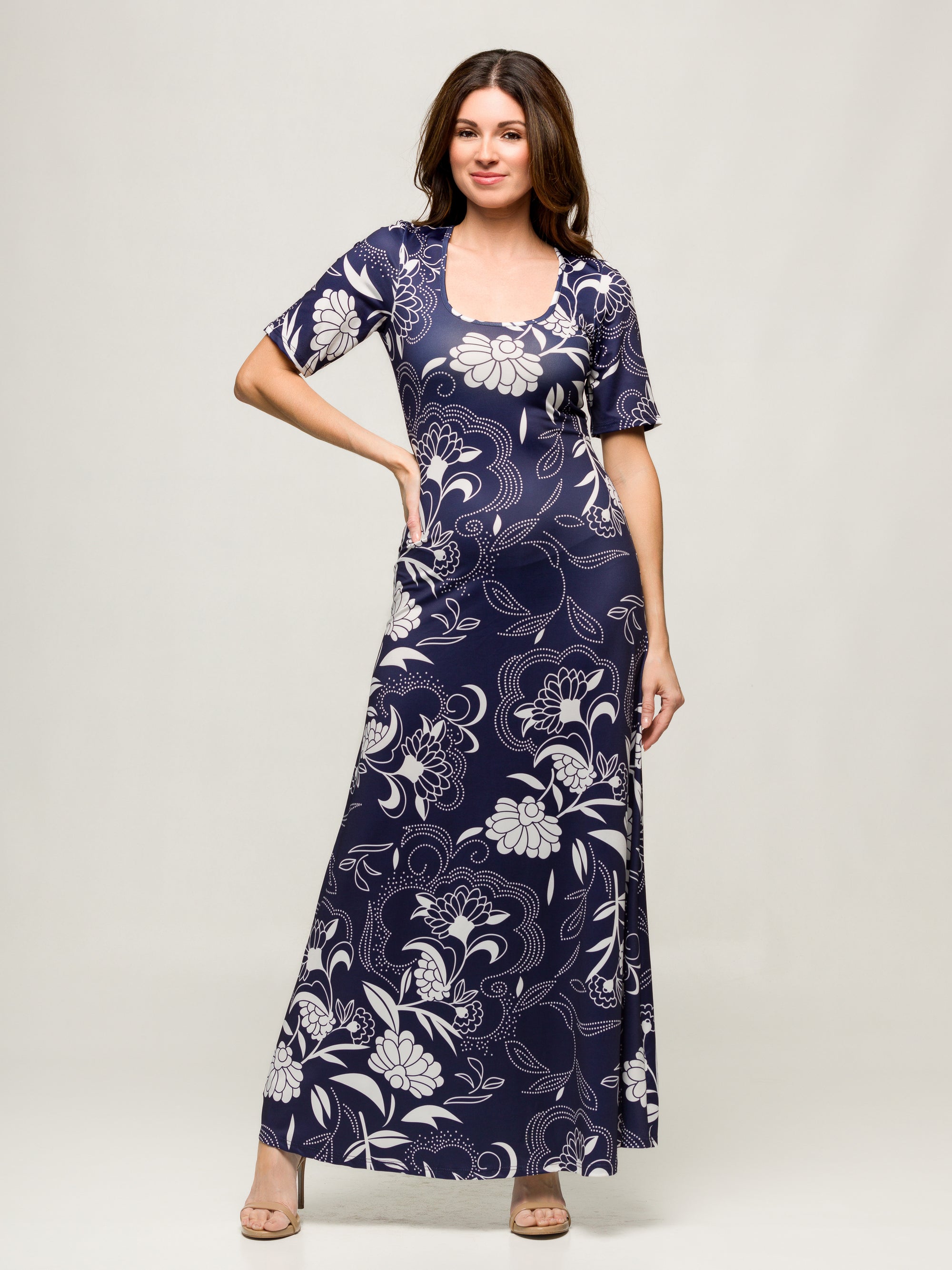 24seven Comfort Apparel Womens Blue Floral Print Elbow Sleeve Casual A Line Maxi Dress