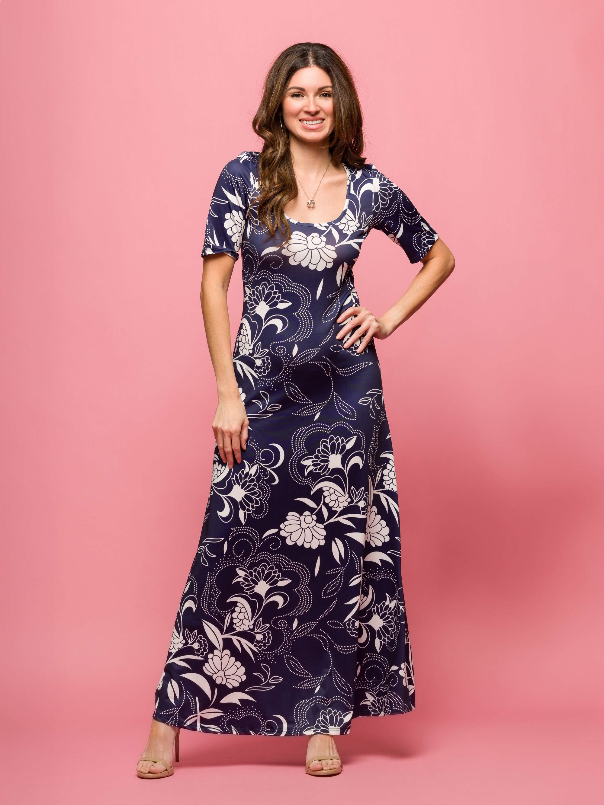 24seven Comfort Apparel Womens Blue Floral Print Elbow Sleeve Casual A Line Maxi Dress