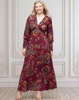Wine Paisley Print Bishop Sleeve A Line Maxi Dress