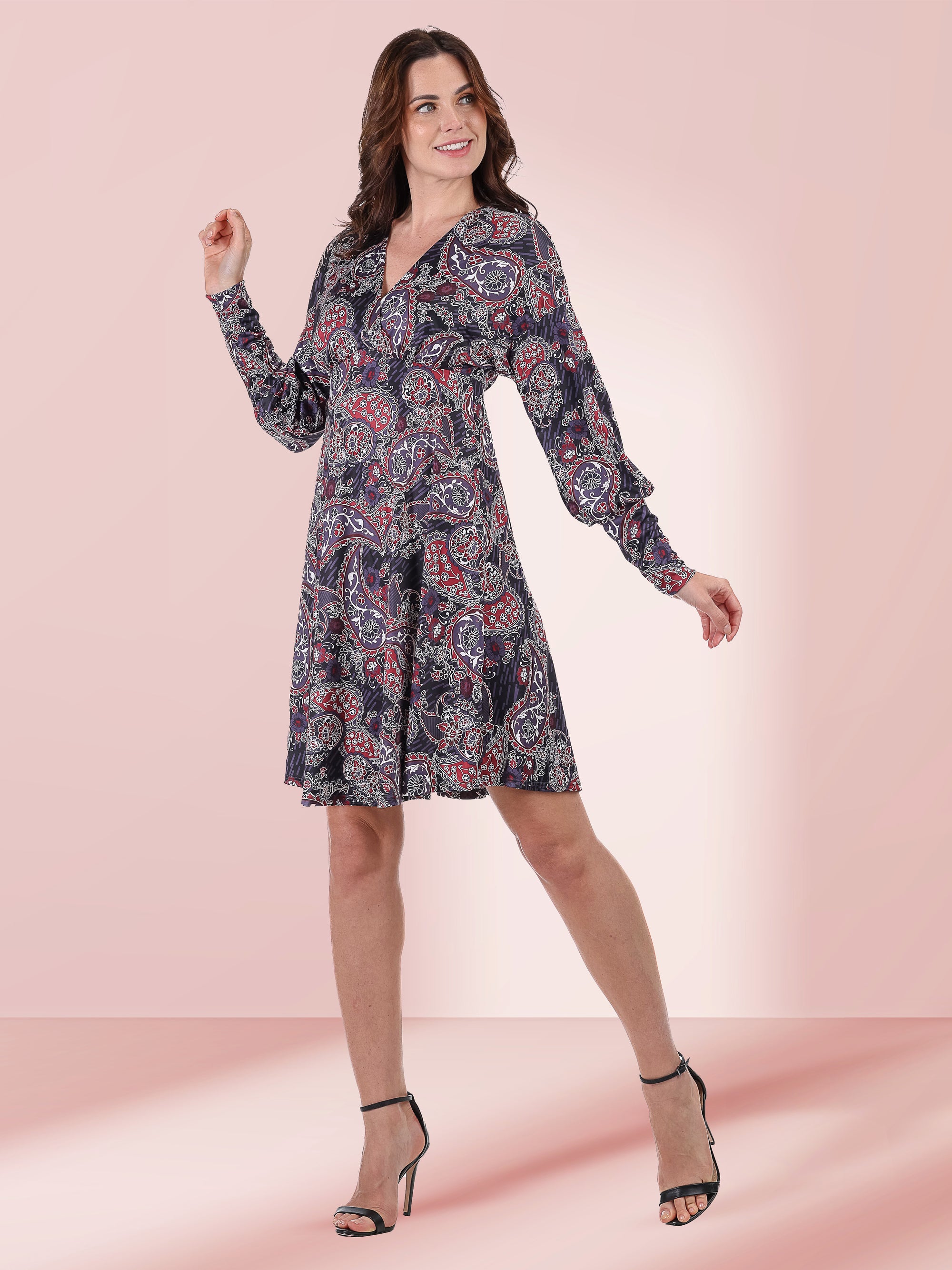 Grey Paisley Dolman Long Sleeve Cocktail Dress