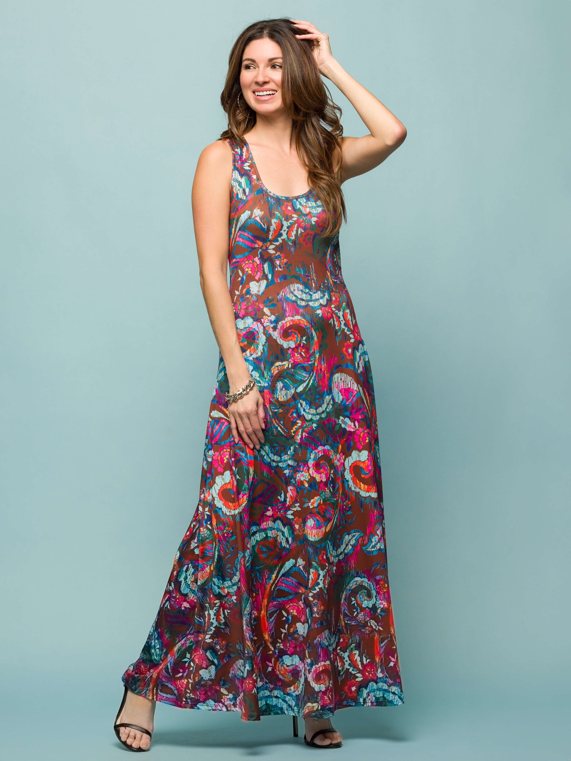 24seven Comfort Apparel Womens Pink and Brown Print Scoop Neck A Line Sleeveless Maxi Dress