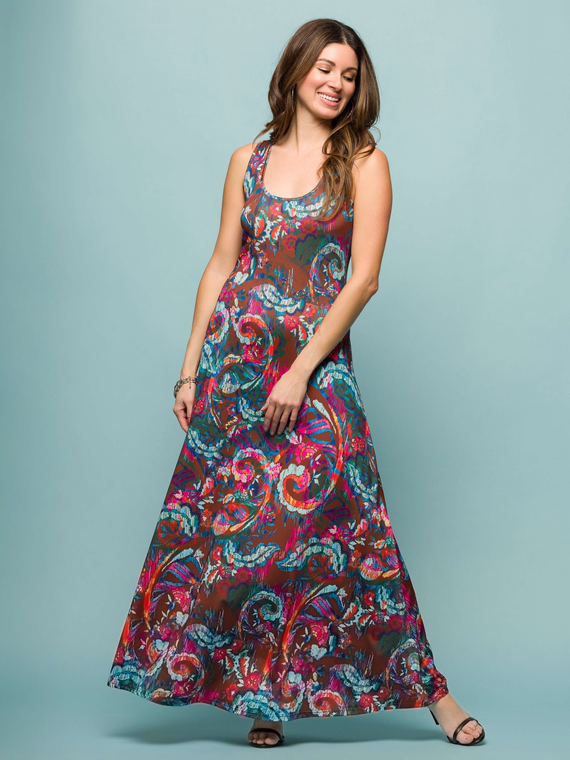24seven Comfort Apparel Womens Pink and Brown Print Scoop Neck A Line Sleeveless Maxi Dress