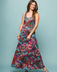 24seven Comfort Apparel Womens Pink and Brown Print Scoop Neck A Line Sleeveless Maxi Dress
