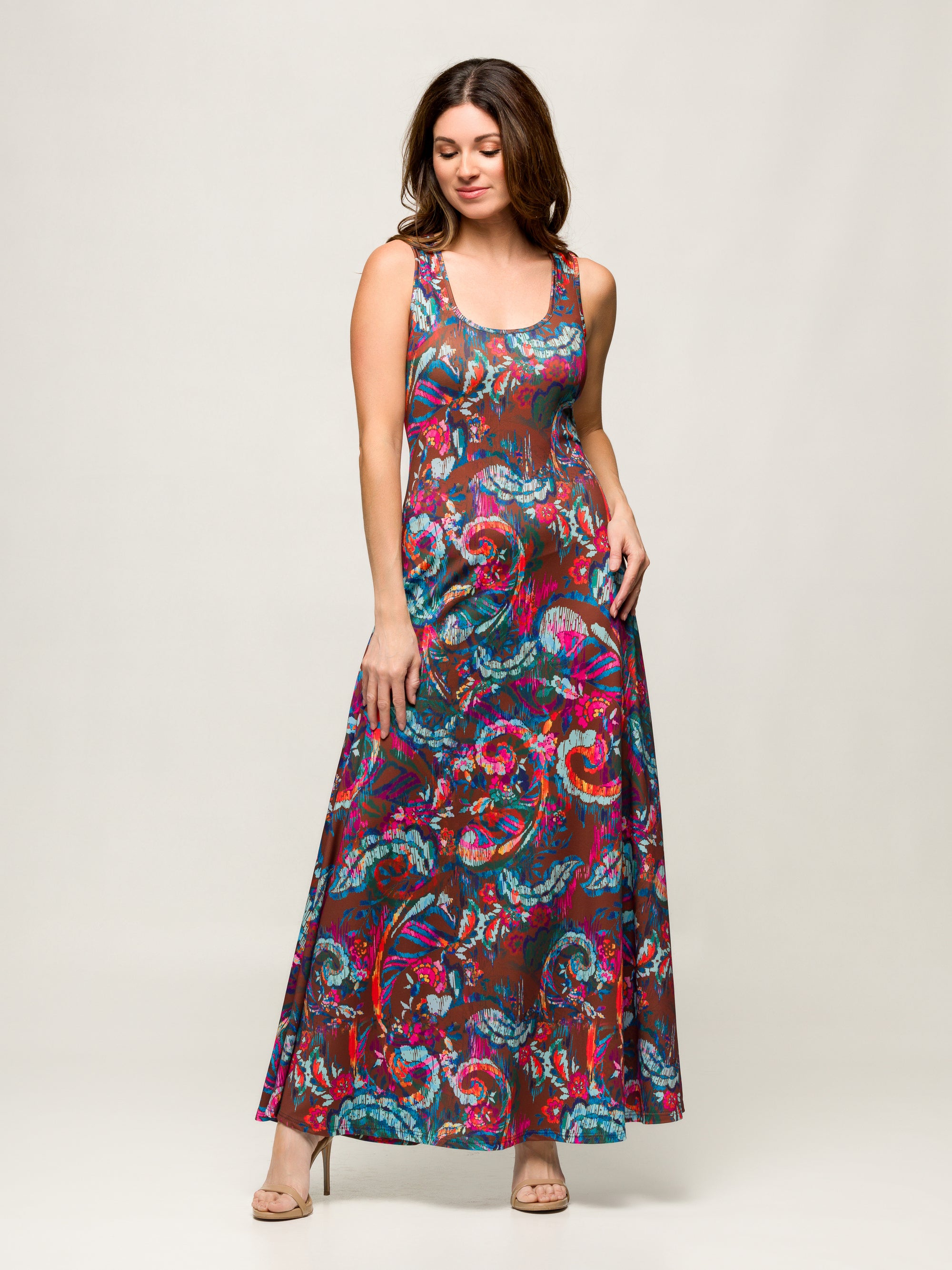 24seven Comfort Apparel Womens Pink and Brown Print Scoop Neck A Line Sleeveless Maxi Dress