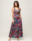 24seven Comfort Apparel Womens Pink and Brown Print Scoop Neck A Line Sleeveless Maxi Dress