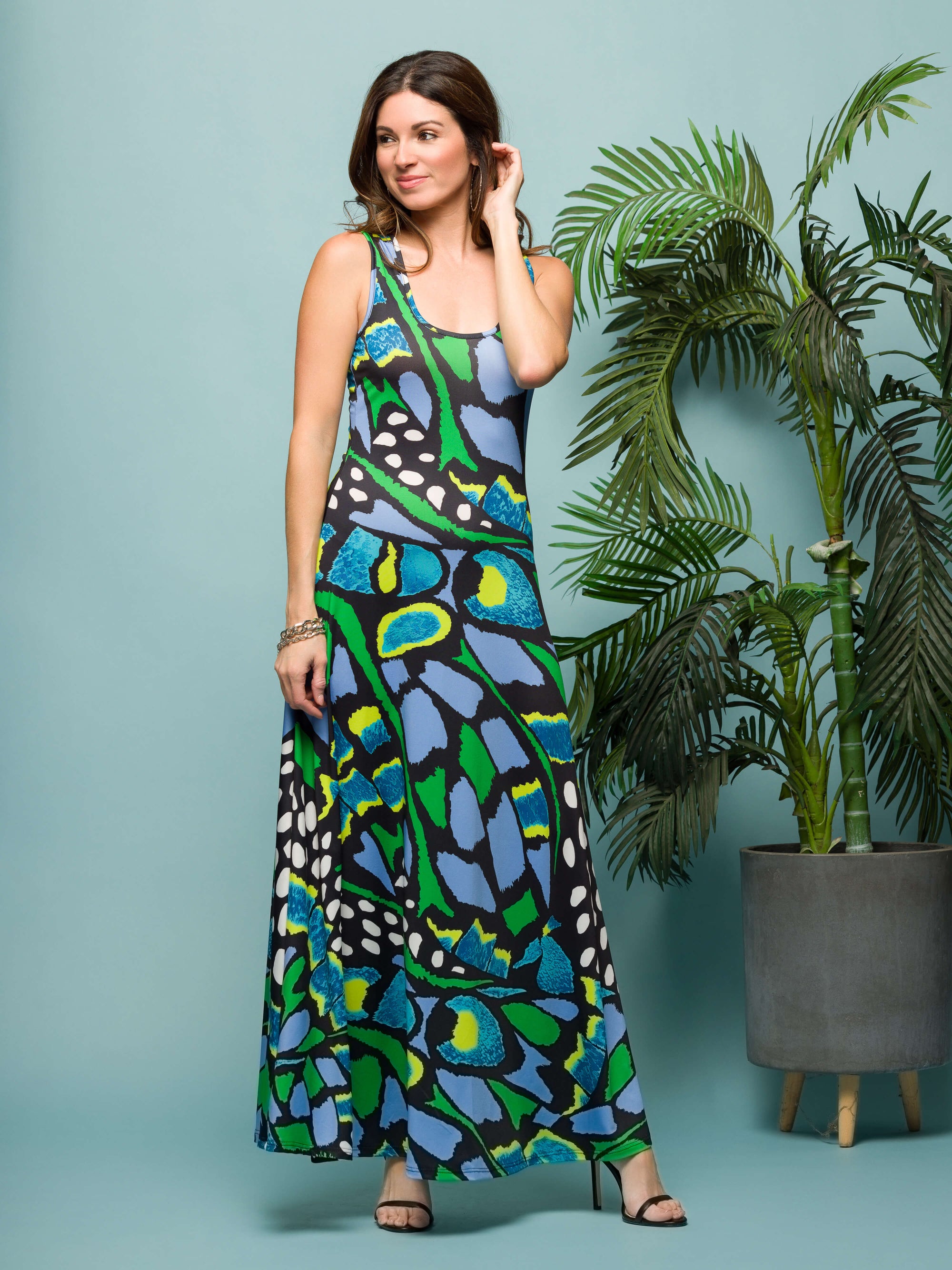 24seven Comfort Apparel Womens Blue Butterfly Print Scoop Neck A Line Sleeveless Maxi Dress